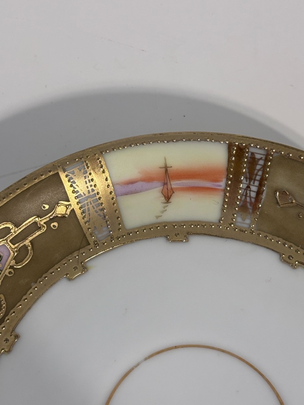 Antique Hand Painted Nippon Saucer Gold Moriage Enamel Floral Scenic Japan boat - Picture 6 of 12